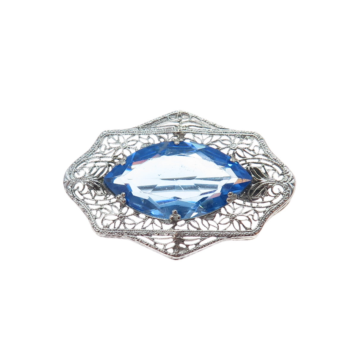 Silver-Tone Antique Art Deco Blue Rhinestone Filigree Pin Brooch