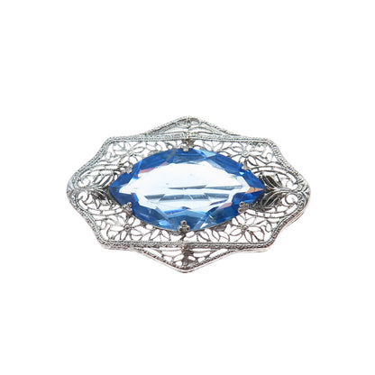 Silver-Tone Antique Art Deco Blue Rhinestone Filigree Pin Brooch