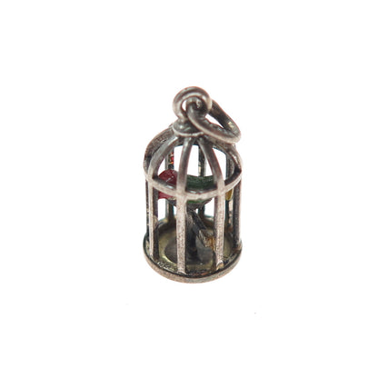 925 Sterling Silver Antique Enamel Bird Cage Oxidized Minimalist 3D Pendant