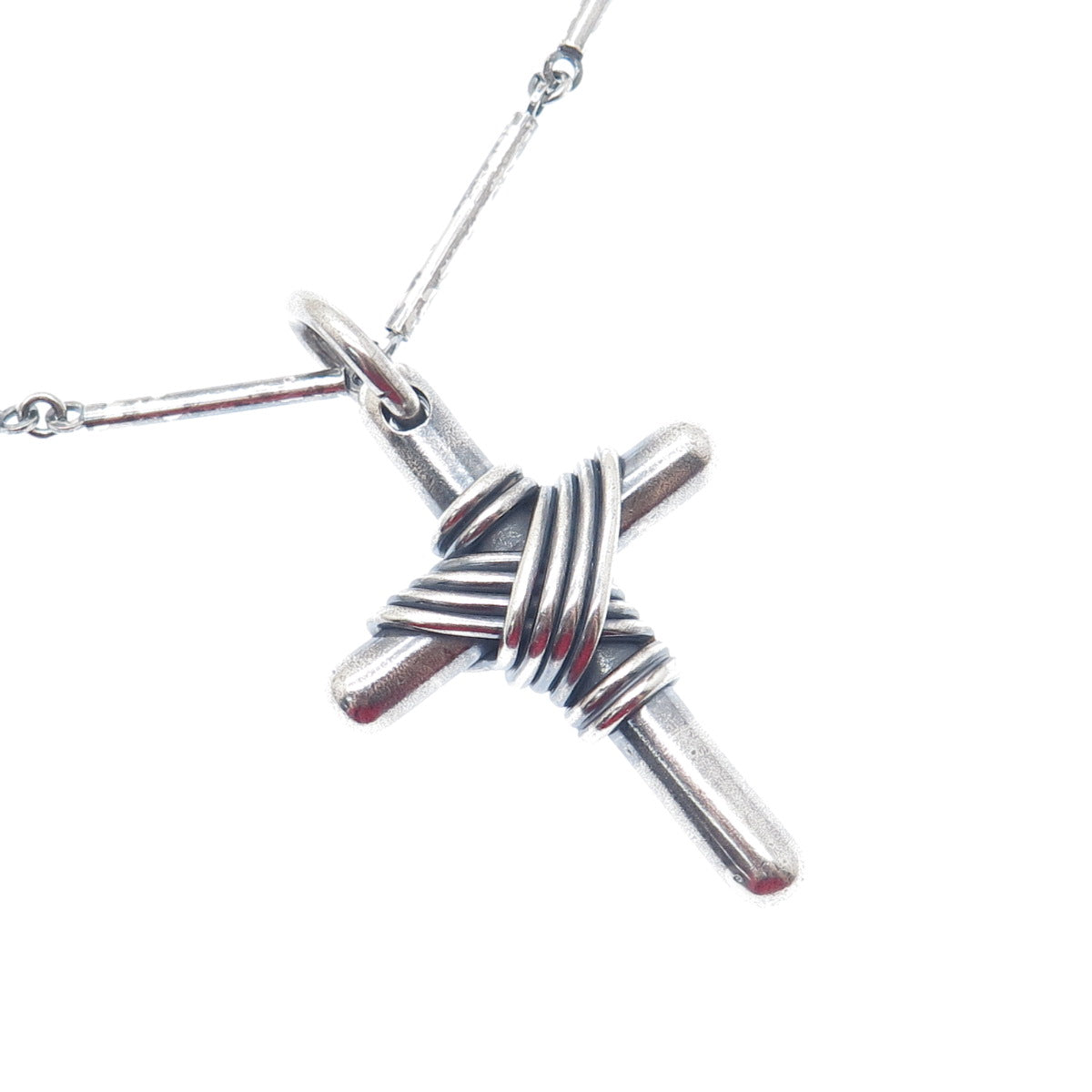 925 Sterling Silver Vintage Italy Cross Pendant Bar Chain Oxidized Necklace 28"
