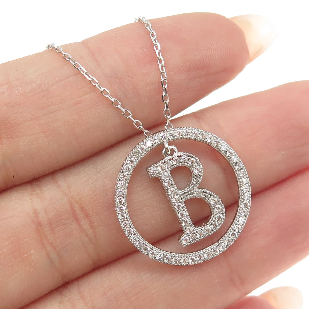 925 Sterling Silver Pave C Z Letter "B" Initial Cable Chain Necklace 16-18"