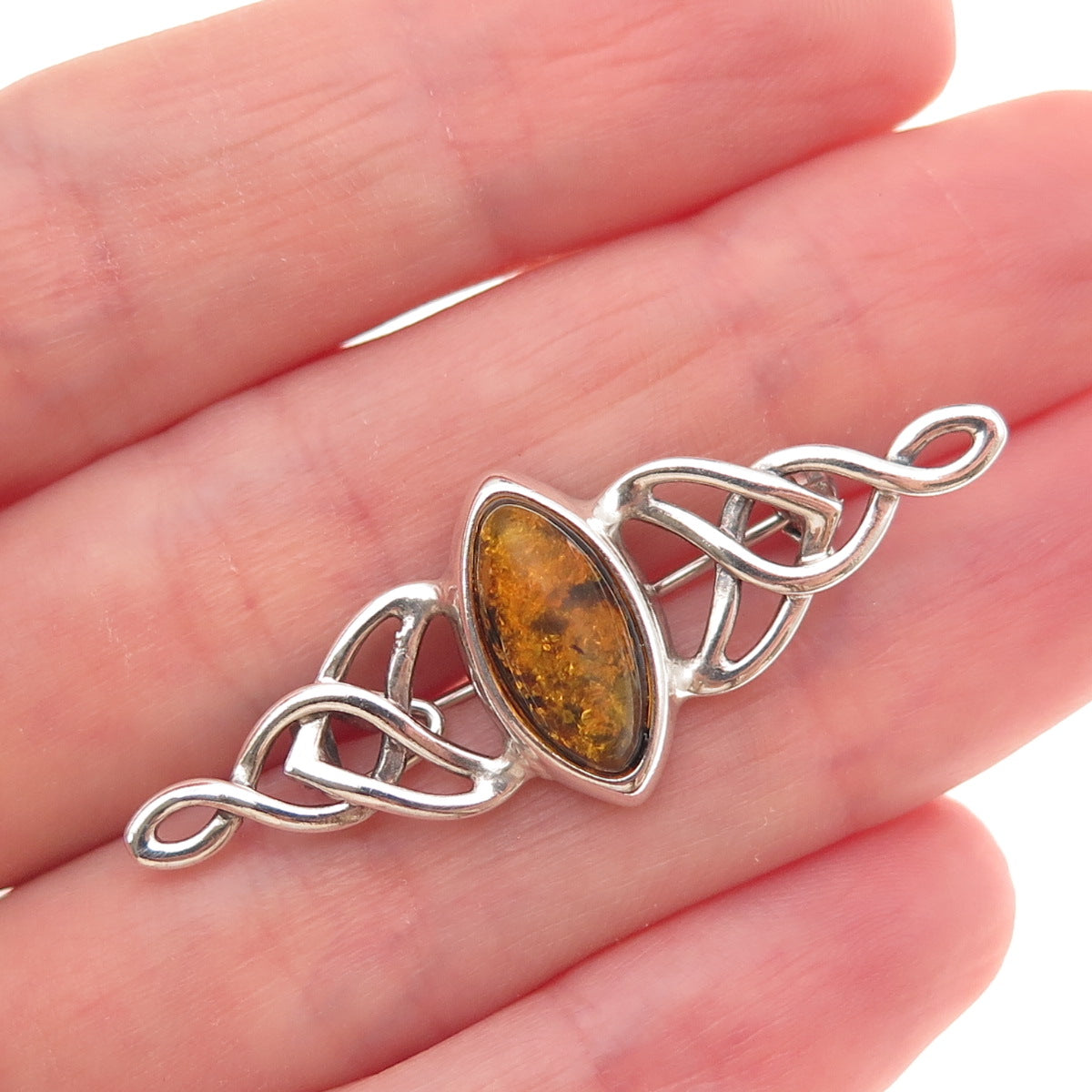 925 Sterling Silver Vintage Real Amber Celtic Knot Oxidized Pin Brooch