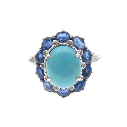 925 Sterling Silver Real Diamond Turquoise & Sapphire Ring Size 8.25
