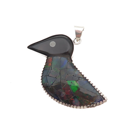 925 Sterling Silver Vintage Real Black Onyx & Opal Inlay Modernist Bird Pendant