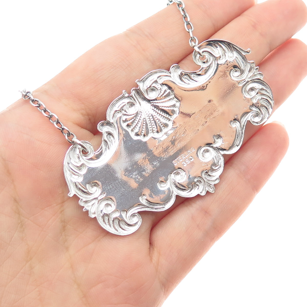 925 Sterling Silver Antique Art Deco Sherry Repousse Bottle Tag #350