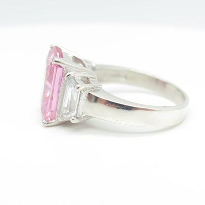 925 Sterling Silver Radiant-Cut Pink & White C Z Ring Size 8