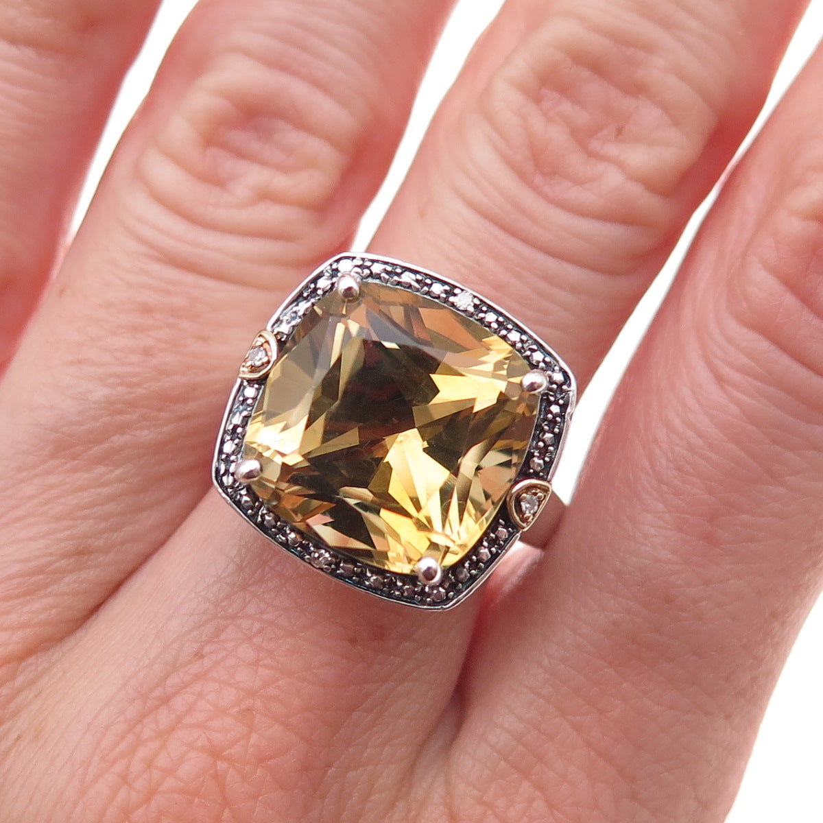 Michelle Albala 925 Sterling 14K Gold Vintage Real Diamond & Citrine Ring Size 8