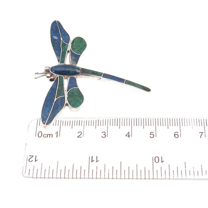 970 Silver Vintage Real Turquoise & Lapis Dragonfly Pin Brooch / Pendant