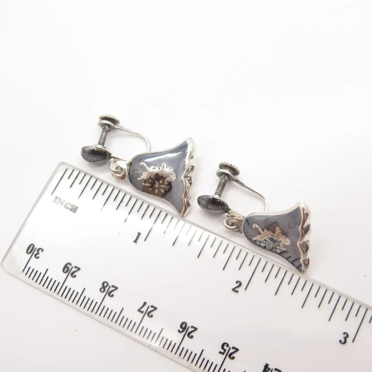 925 Sterling Silver Vintage Siam Niello Hindu Goddess Screw Back Earrings