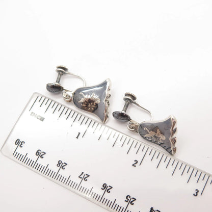 925 Sterling Silver Vintage Siam Niello Hindu Goddess Screw Back Earrings
