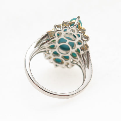 925 Sterling Silver 2-Tone Real Sleeping Beauty Turquoise Floral Ring Size 8.25