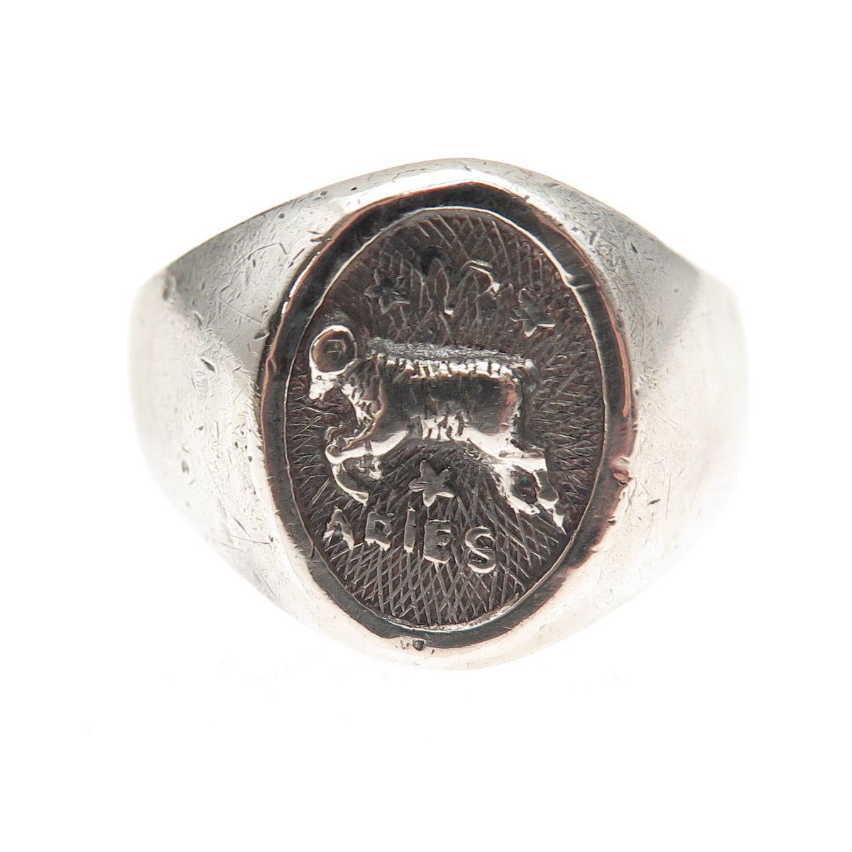 925 Sterling Silver Vintage Mexico Aries Zodiac Sign Oxidized Ring Size 10.75
