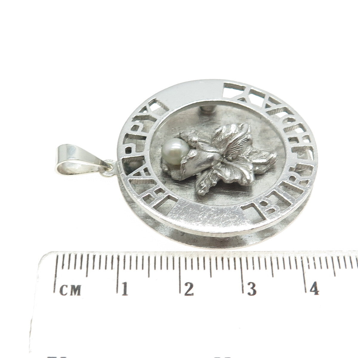 925 Sterling Silver Vintage Real Pearl "Happy Birthday" Floral Pendant