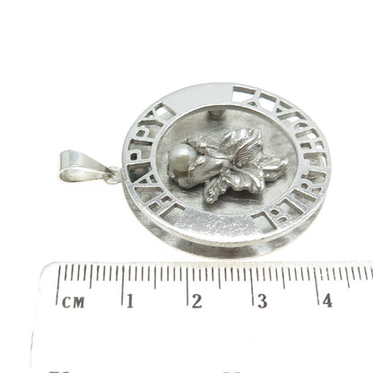 925 Sterling Silver Vintage Real Pearl "Happy Birthday" Floral Pendant