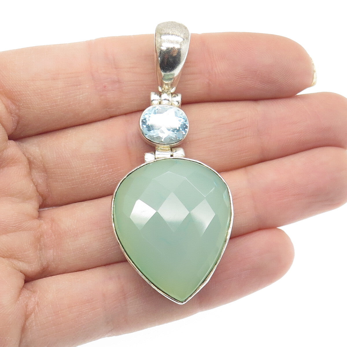 925 Sterling Silver Vintage Real Pear-Cut Chalcedony & Blue Topaz Pendant