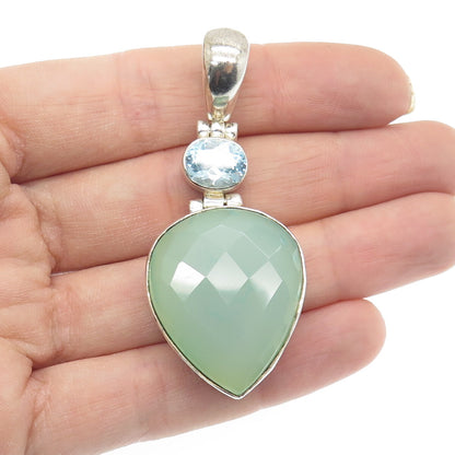 925 Sterling Silver Vintage Real Pear-Cut Chalcedony & Blue Topaz Pendant