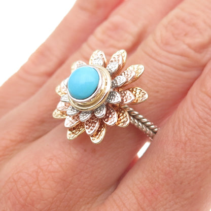 925 Sterling Silver 3-Tone Real Sleeping Beauty Turquoise Floral Ring Size 8