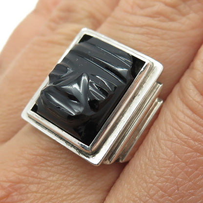 925 Sterling Silver Vintage Real Carved Black Onyx Aztec God Ring Size 8.5