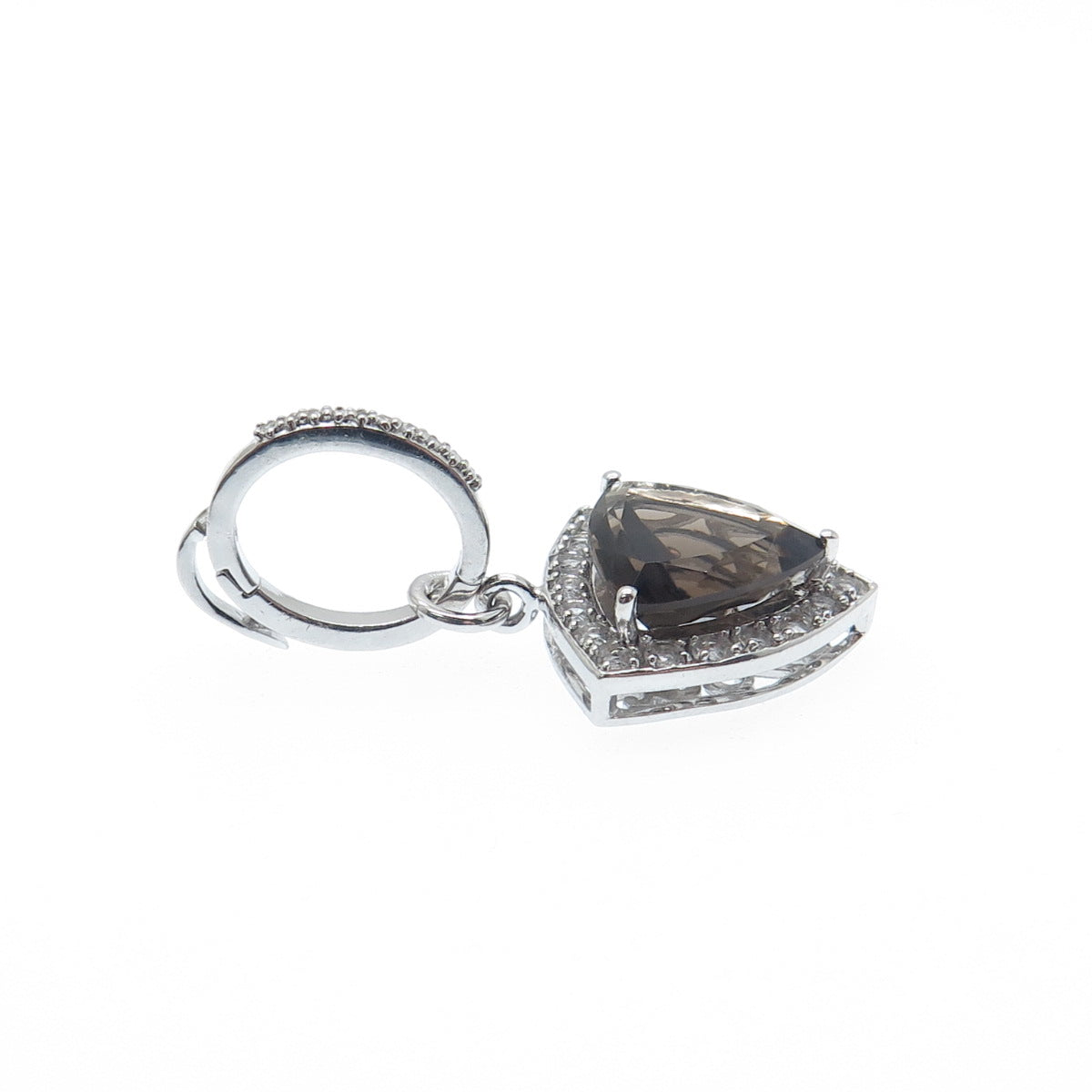 FADI 925 Sterling Silver Real Triangle-Cut Smoky Quartz & Round-Cut C Z Pendant