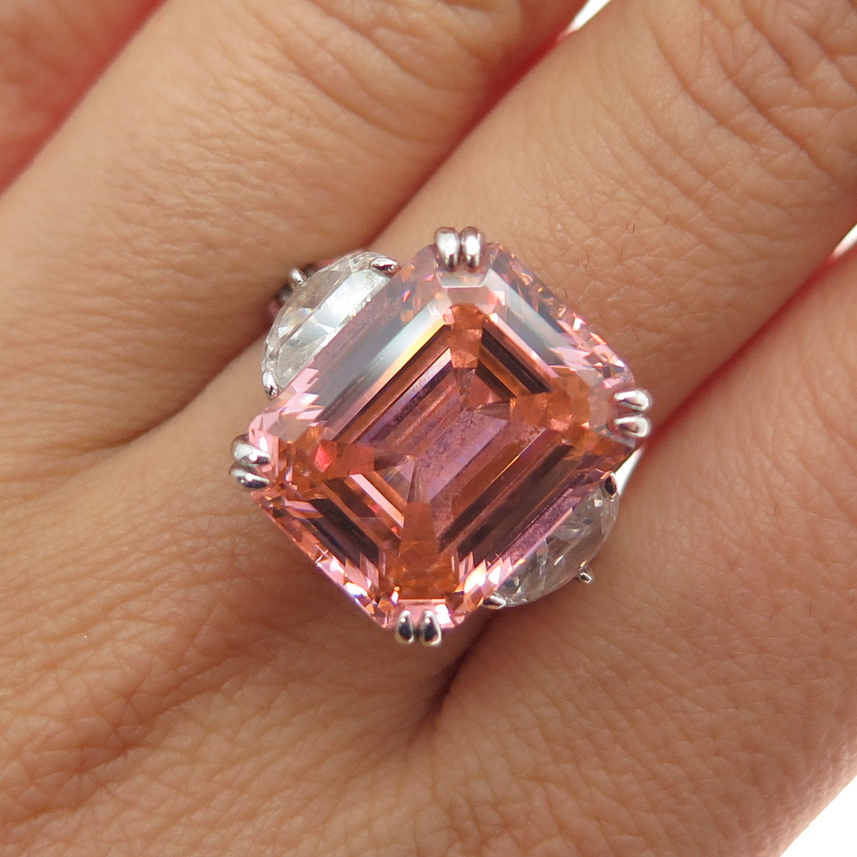 925 Sterling Silver Emerald-Cut Pink & Round-Cut White C Z Ring Size 9