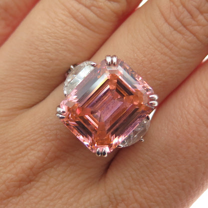 925 Sterling Silver Emerald-Cut Pink & Round-Cut White C Z Ring Size 9