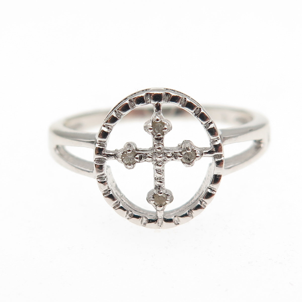 925 Sterling Silver Real Round-Cut Diamond Cross Ring Size 7