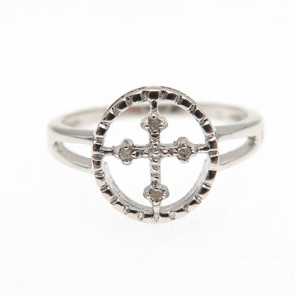 925 Sterling Silver Real Round-Cut Diamond Cross Ring Size 7