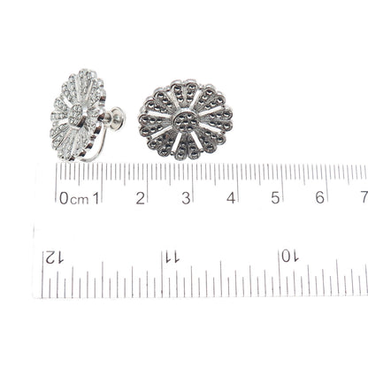 925 Sterling Silver Antique Art Deco Real Marcasite Flower Screw Back Earrings