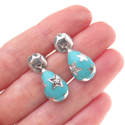 Angelique de Paris 925 Sterling Silver Enamel & C Z Star Dangle Earrings