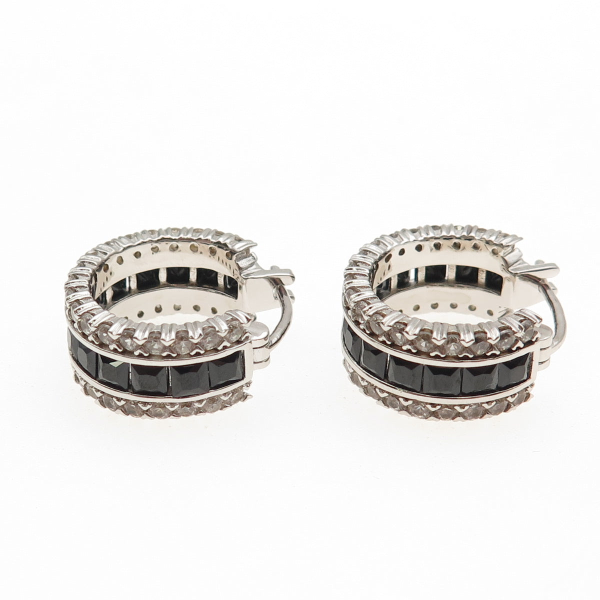 925 Sterling Silver Real Black Spinel & White Topaz Hoop Earrings