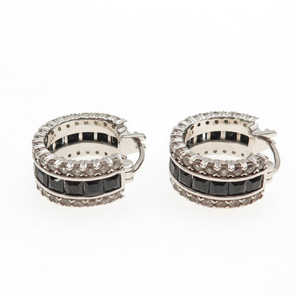 925 Sterling Silver Real Black Spinel & White Topaz Hoop Earrings