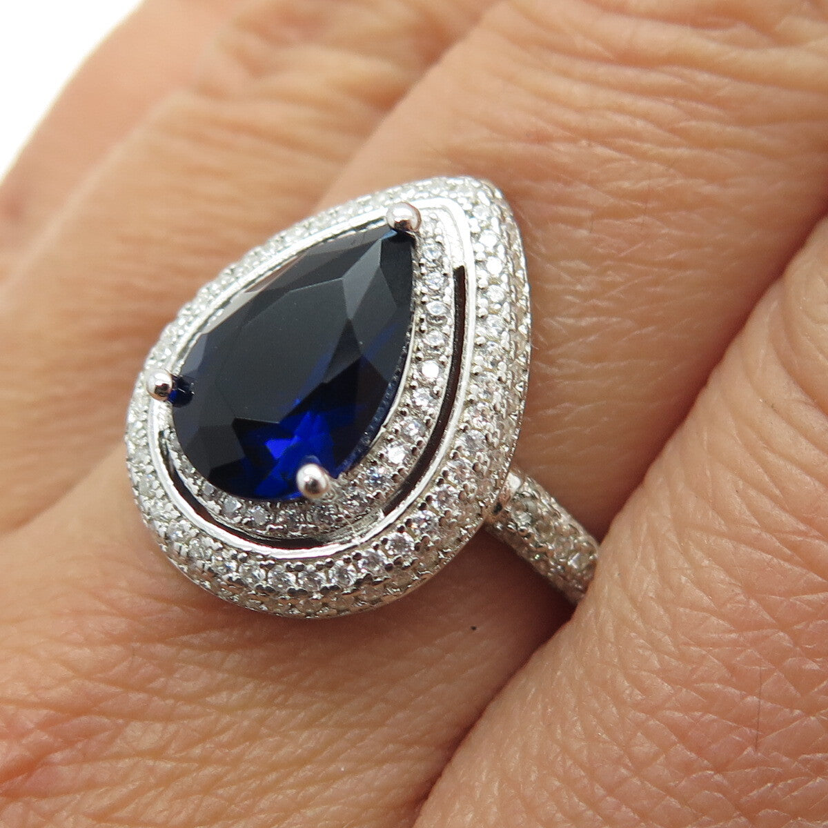 925 Sterling Silver Pear & Round-Cut Blue White C Z Ring Size 8.25