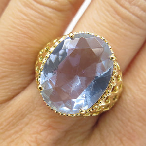 925 Sterling Silver Gold Plated Checkered Blue Crystal Cage Domed Ring Size 8.25