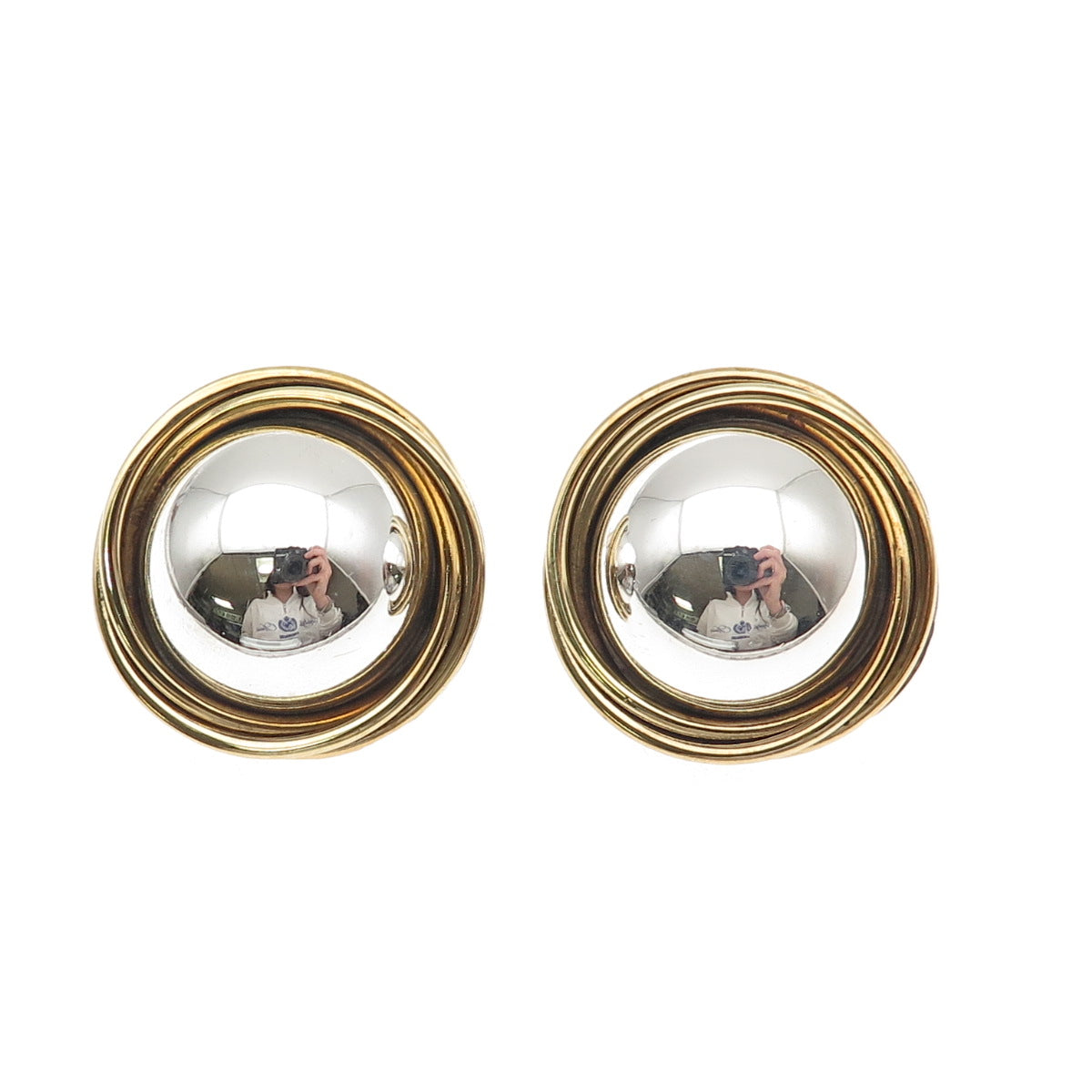 925 Sterling 2-Tone Vintage Mexico Modernist Trinity Dome Clip On Earrings
