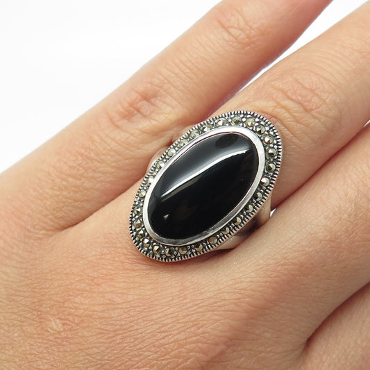 925 Sterling Silver Vintage Real Marcasite Gemstone & Black Enamel Ring Size 6