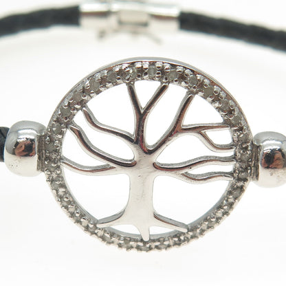 925 Sterling Silver Real Round-Cut Diamond Tree of Life Leather Bracelet 7.5"