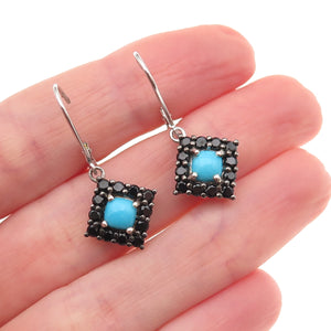 Chuck Clemency 925 Sterling Silver Real Turquoise & Black Spinel Dangle Earrings