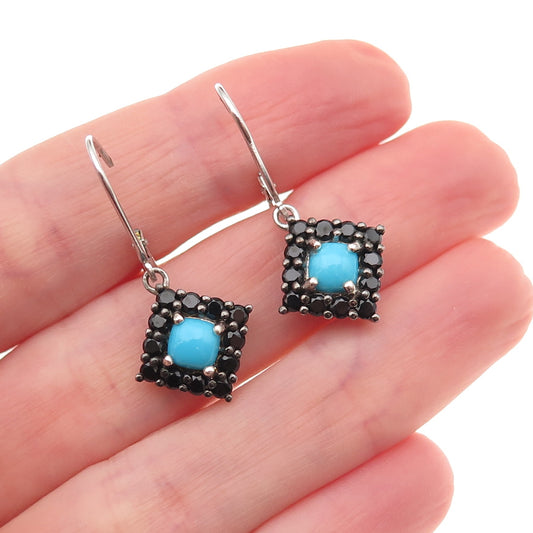 Chuck Clemency 925 Sterling Silver Real Turquoise & Black Spinel Dangle Earrings
