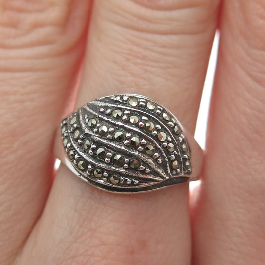 925 Sterling Silver Vintage Real Marcasite Modernist Oxidized Ring Size 7.25