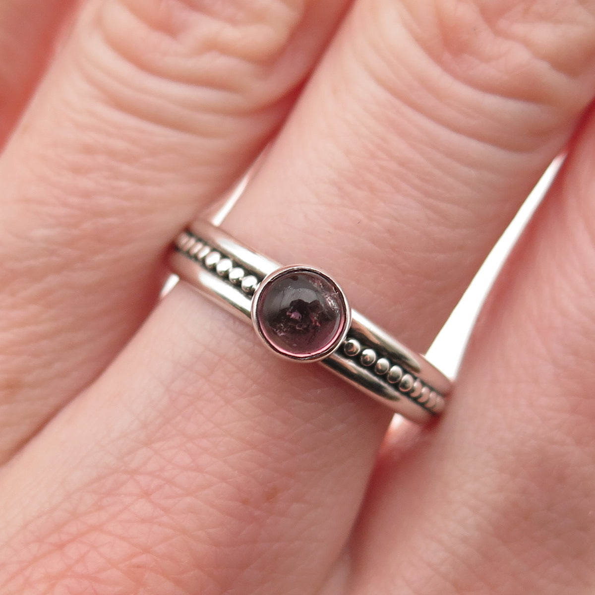 925 Sterling Silver Vintage Real Rhodolite Dotted Oxidized Ring Size 8.5