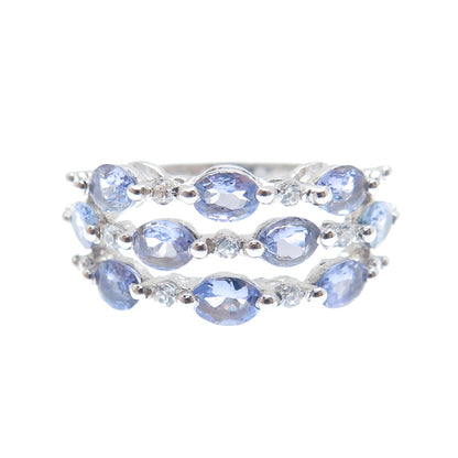 925 Sterling Silver Real Oval-Cut Tanzanite & C Z Multi-Row Ring Size 6.25