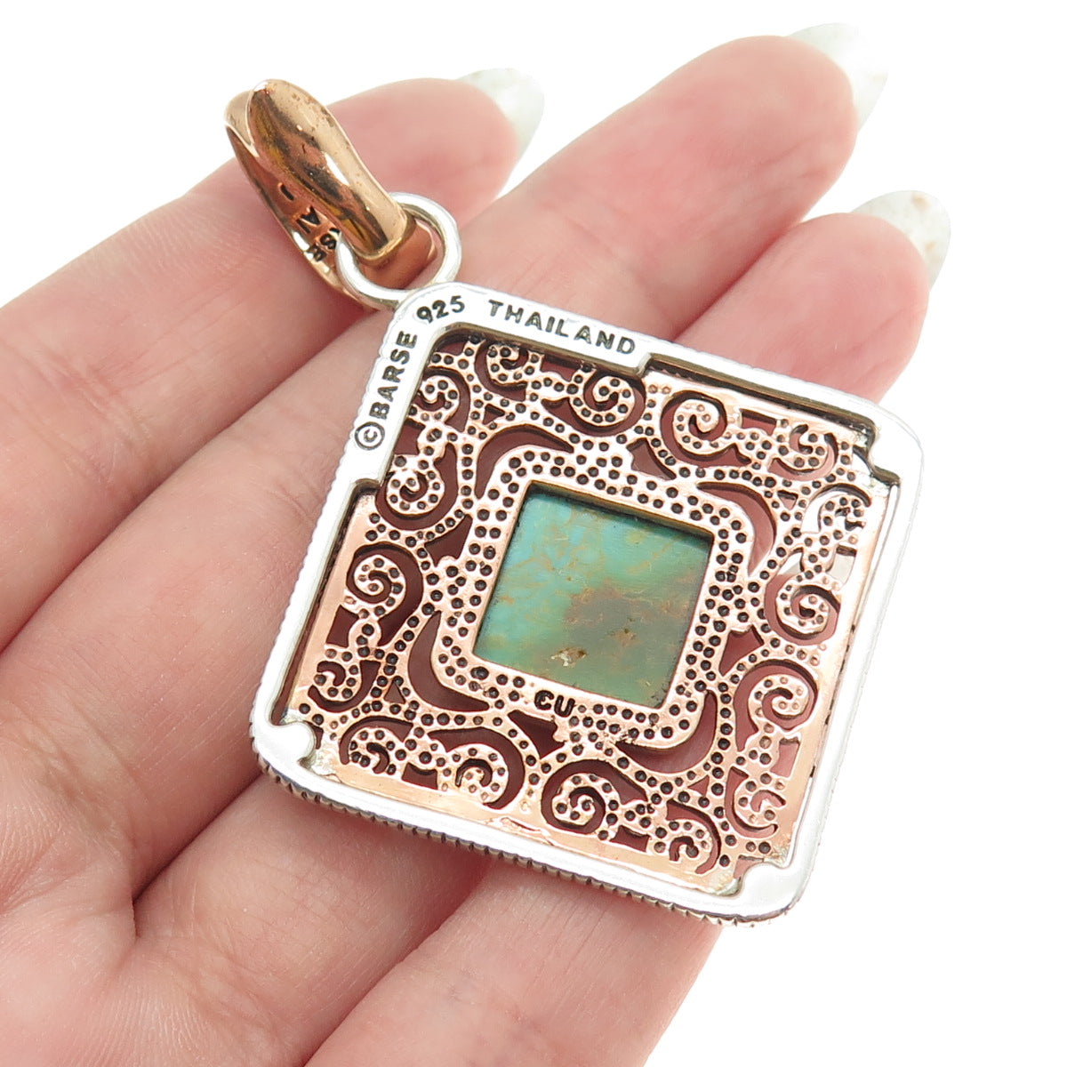 BARSE 925 Sterling Silver 2-Tone Vintage Real Royston Turquoise Ornate Pendant