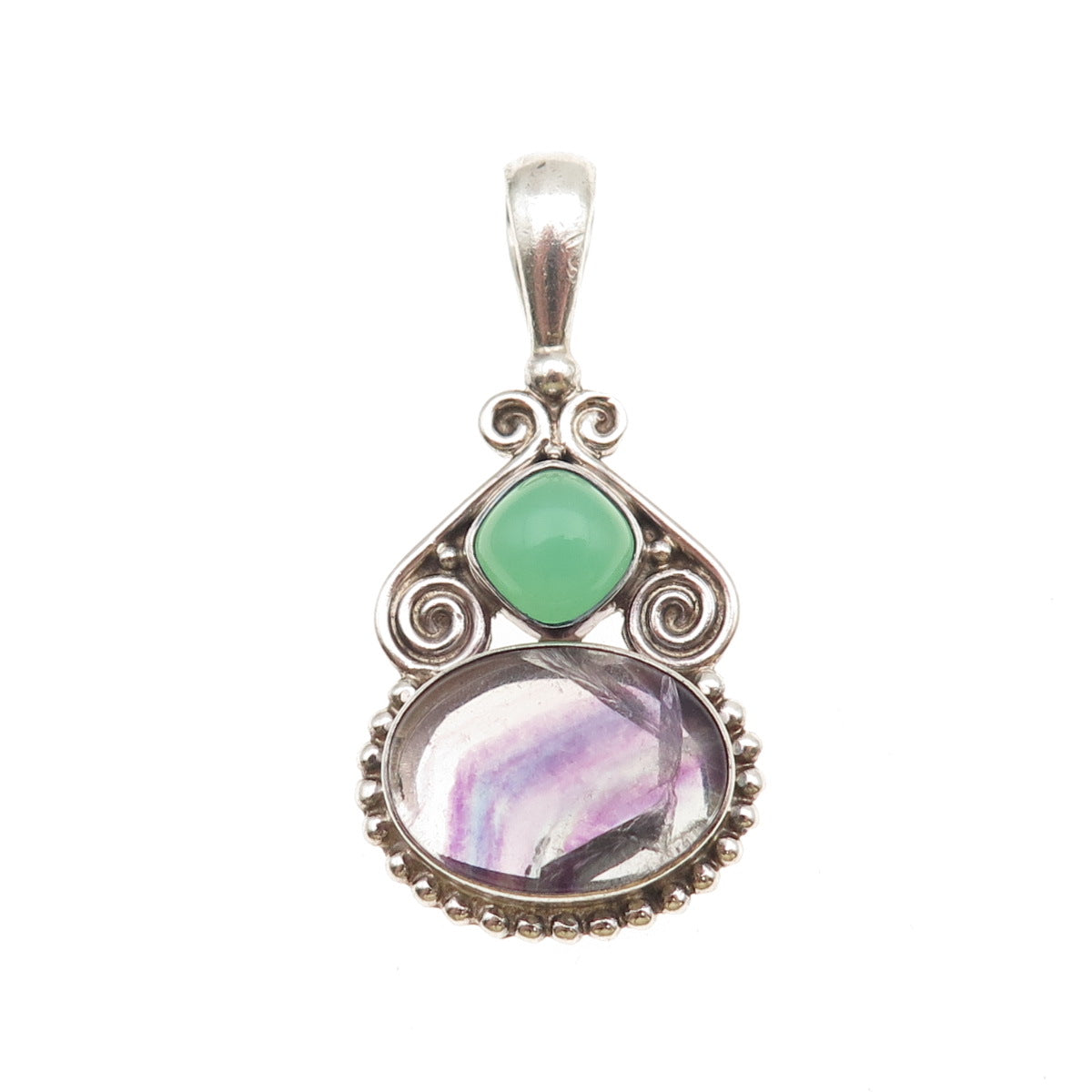 SAJEN 925 Sterling Silver Vintage Real Fluorite & Green Chalcedony Charm Pendant