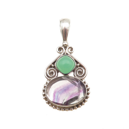 SAJEN 925 Sterling Silver Vintage Real Fluorite & Green Chalcedony Charm Pendant