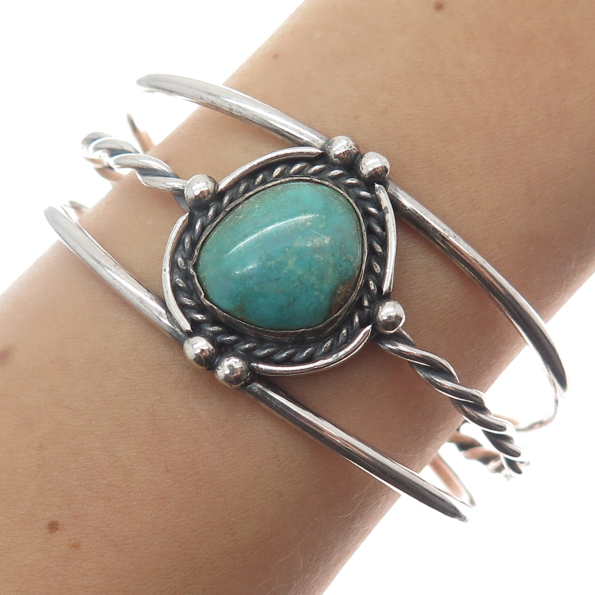Old Pawn Sterling Silver Vintage Tyrone Turquoise Adjustable Cuff Bracelet 6.5"