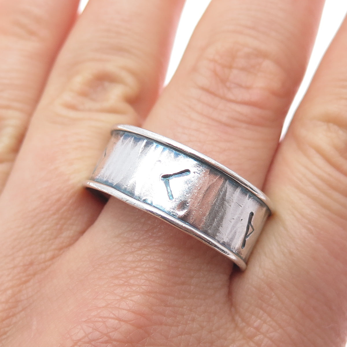 925 Sterling Silver Vintage DSC Runic Oxidized Band Ring Size 12