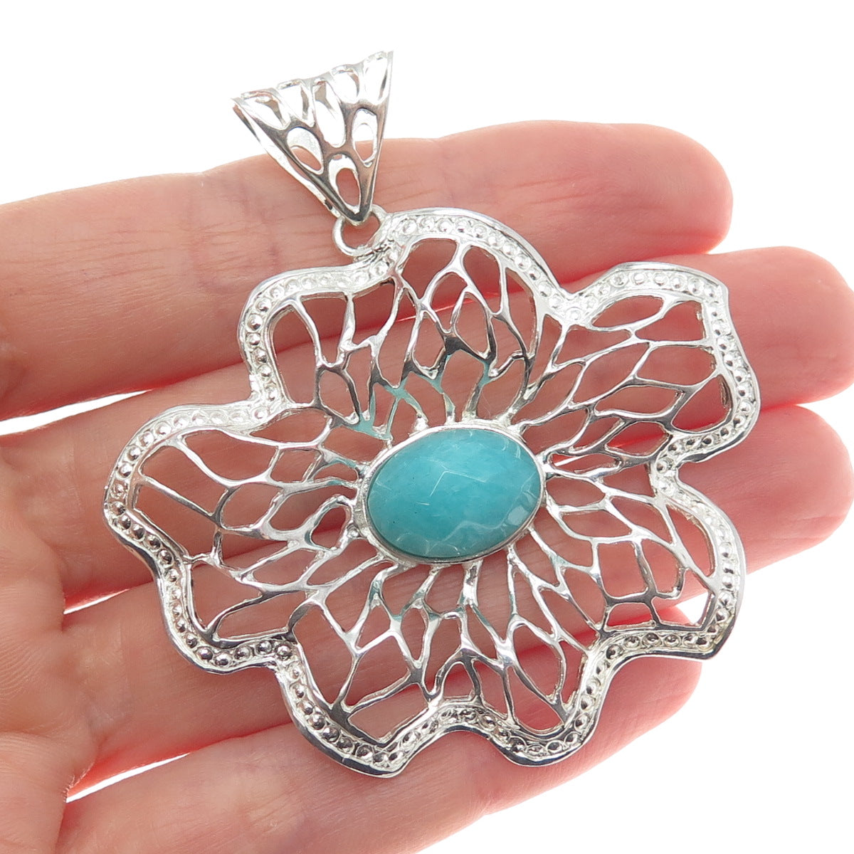 RIDER 950 Silver Vintage Real Aquamarine Flower Blossom Pendant