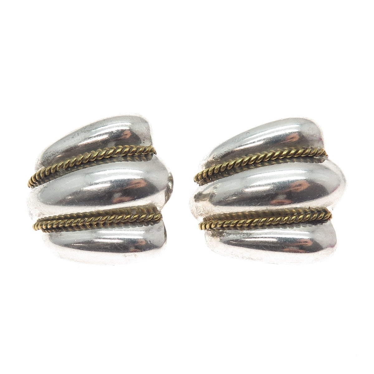 925 Sterling Silver 2-Tone Vintage Mexico Modernist Clip On Earrings