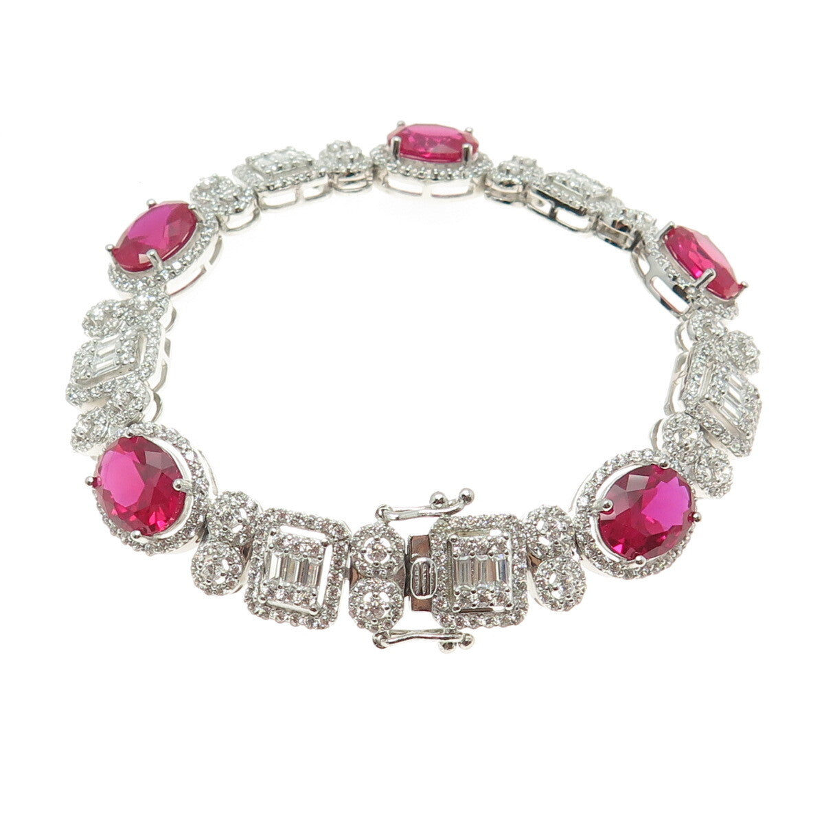 925 Sterling Silver Lab-Created Ruby & C Z Bohemian Link Bracelet 7"