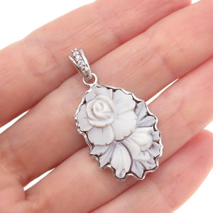 925 Sterling Silver Vintage Italy Real MOP & C Z Floral Cameo Charm Pendant